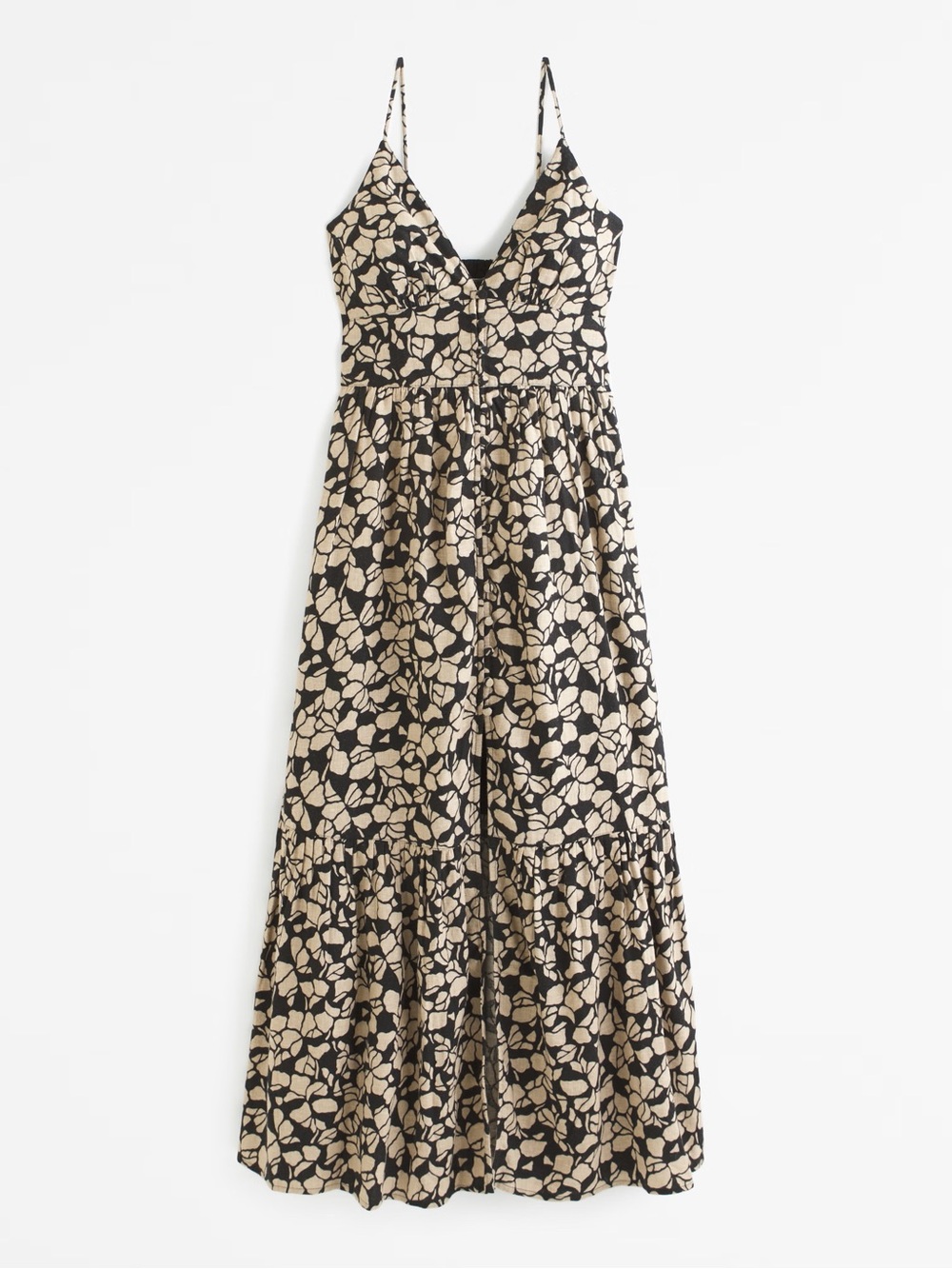 Abercrombie Black and Tan Linen-Blend Button-Through Maxi Dress